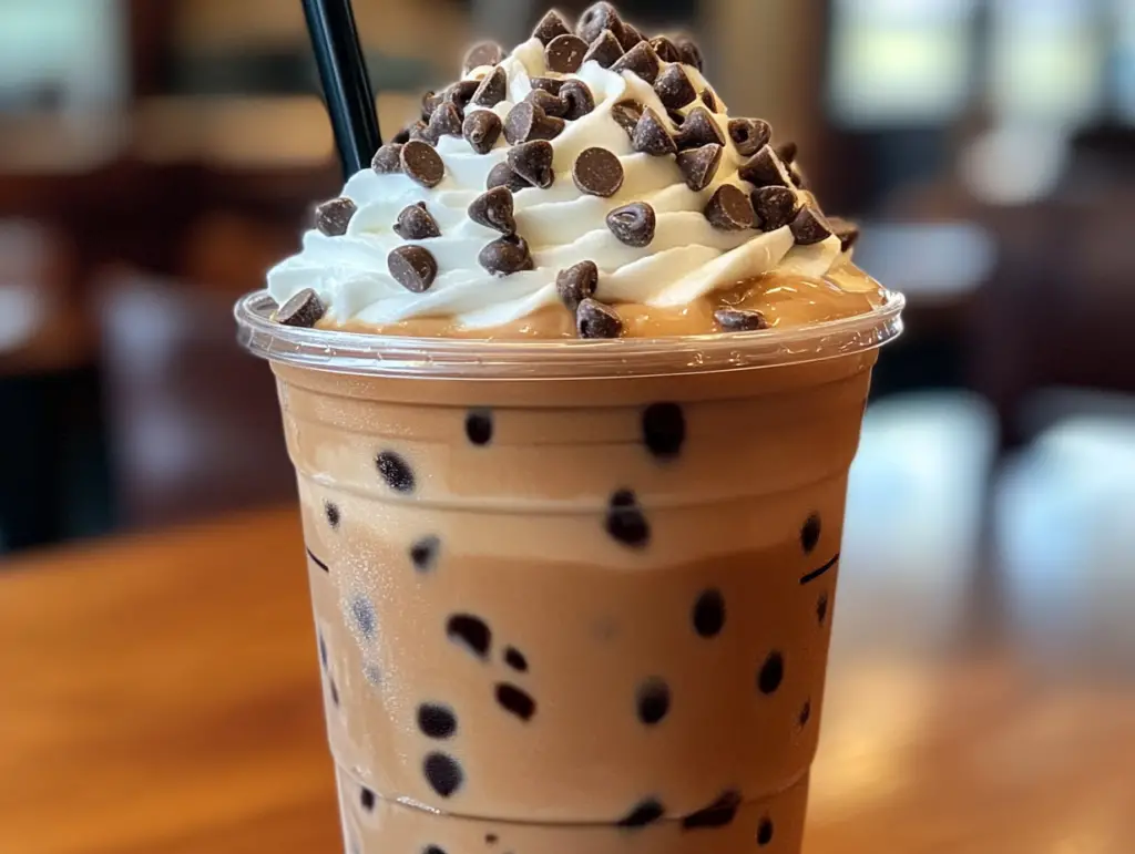 Chocolate frappuccino, chocolate chip iced coffee, homemade frappuccino, coffee frappuccino with chocolate chips, chocolate coffee drink