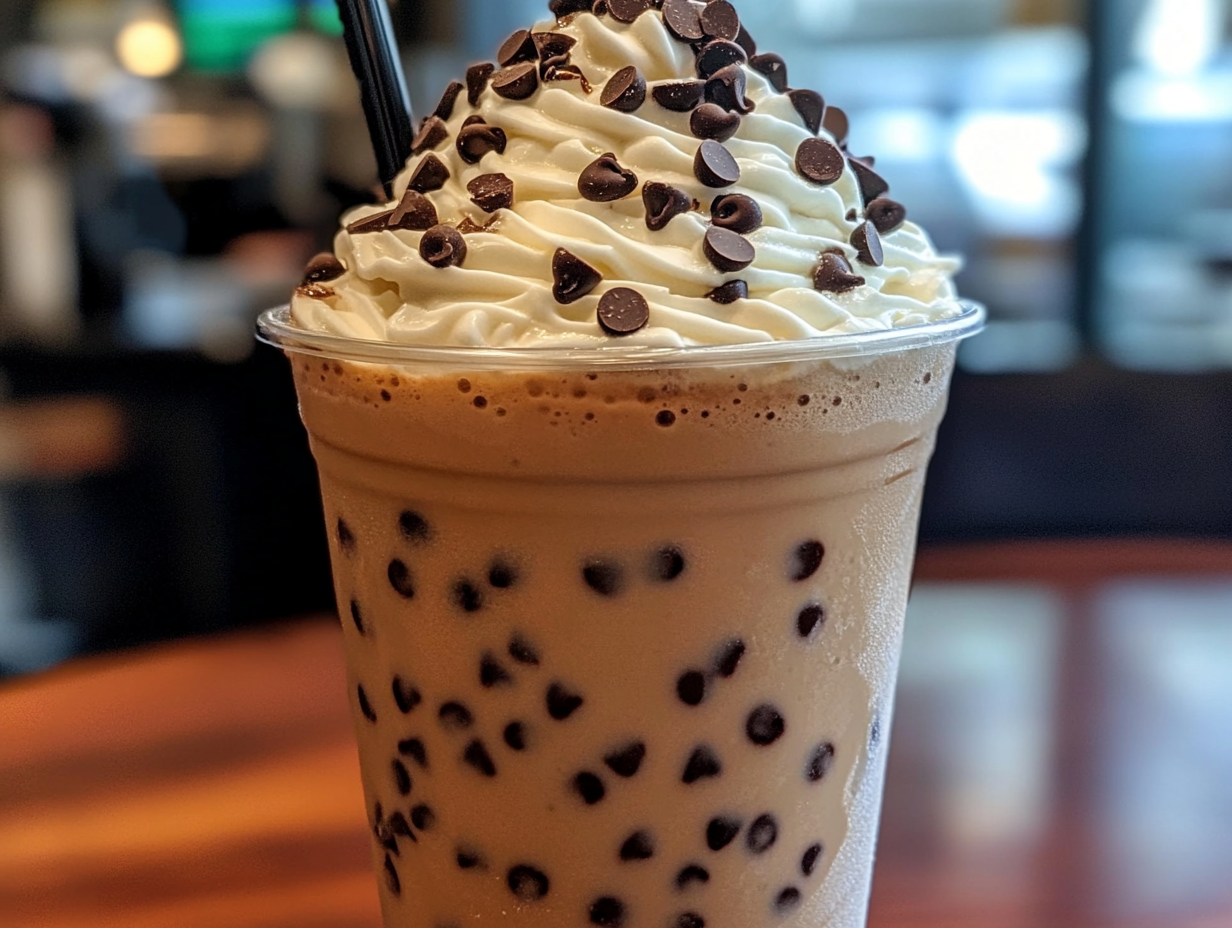 Chocolate frappuccino, chocolate chip iced coffee, homemade frappuccino, coffee frappuccino with chocolate chips, chocolate coffee drink.