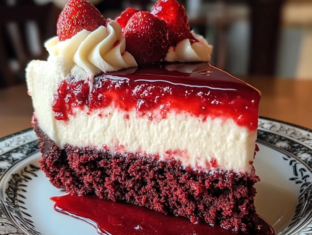 Red velvet cheesecake, Strawberry cheesecake dessert, Red velvet cake with cheesecake, Cheesecake with red velvet base, Strawberry cheesecake recipe