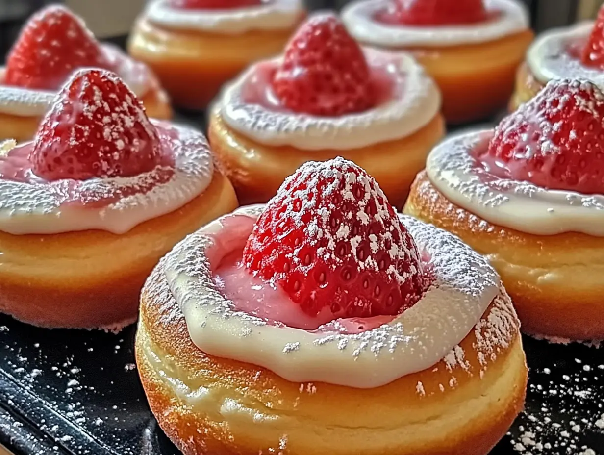 Cream cheese strawberry donuts, Cheesecake-filled donuts, Strawberry cream-filled donuts, Homemade stuffed donuts.