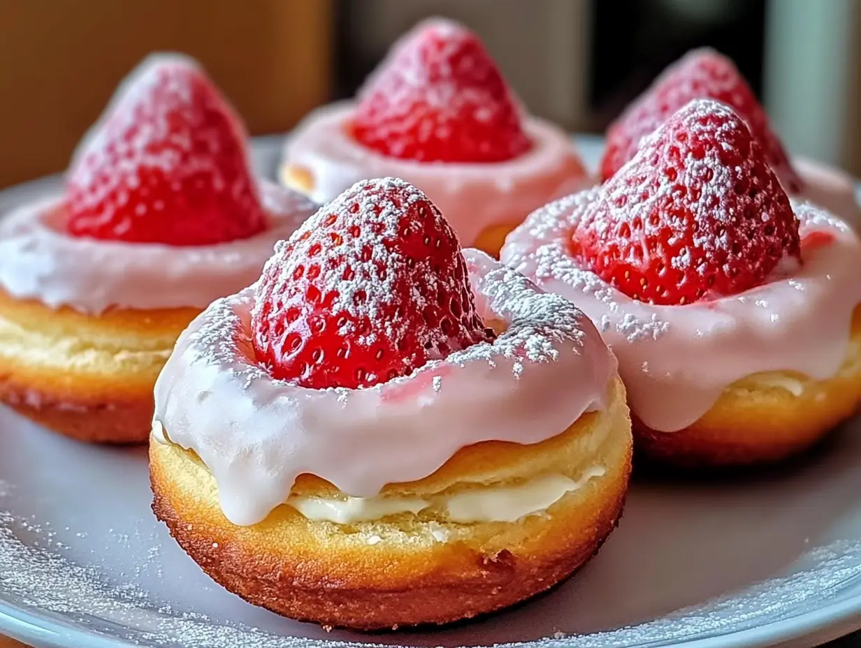 Cream cheese strawberry donuts, Cheesecake-filled donuts, Strawberry cream-filled donuts, Homemade stuffed donuts.