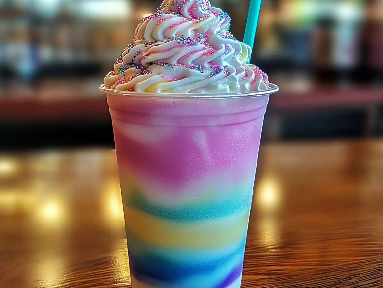 Rainbow frappuccino, DIY unicorn drink, homemade frappuccino, colorful frappuccino, magical frappuccino recipe