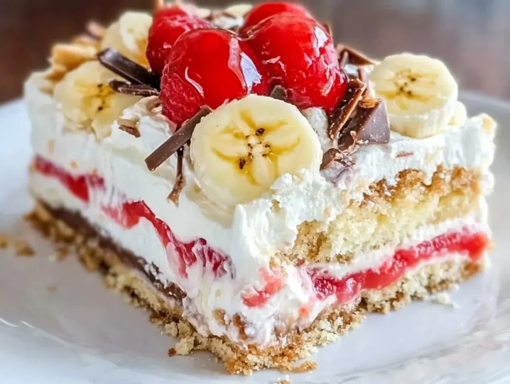 No-Bake Banana Split Dessert, Easy Banana Split Cake Recipe, Layered Banana Split Dessert, Banana Split Cream Cake