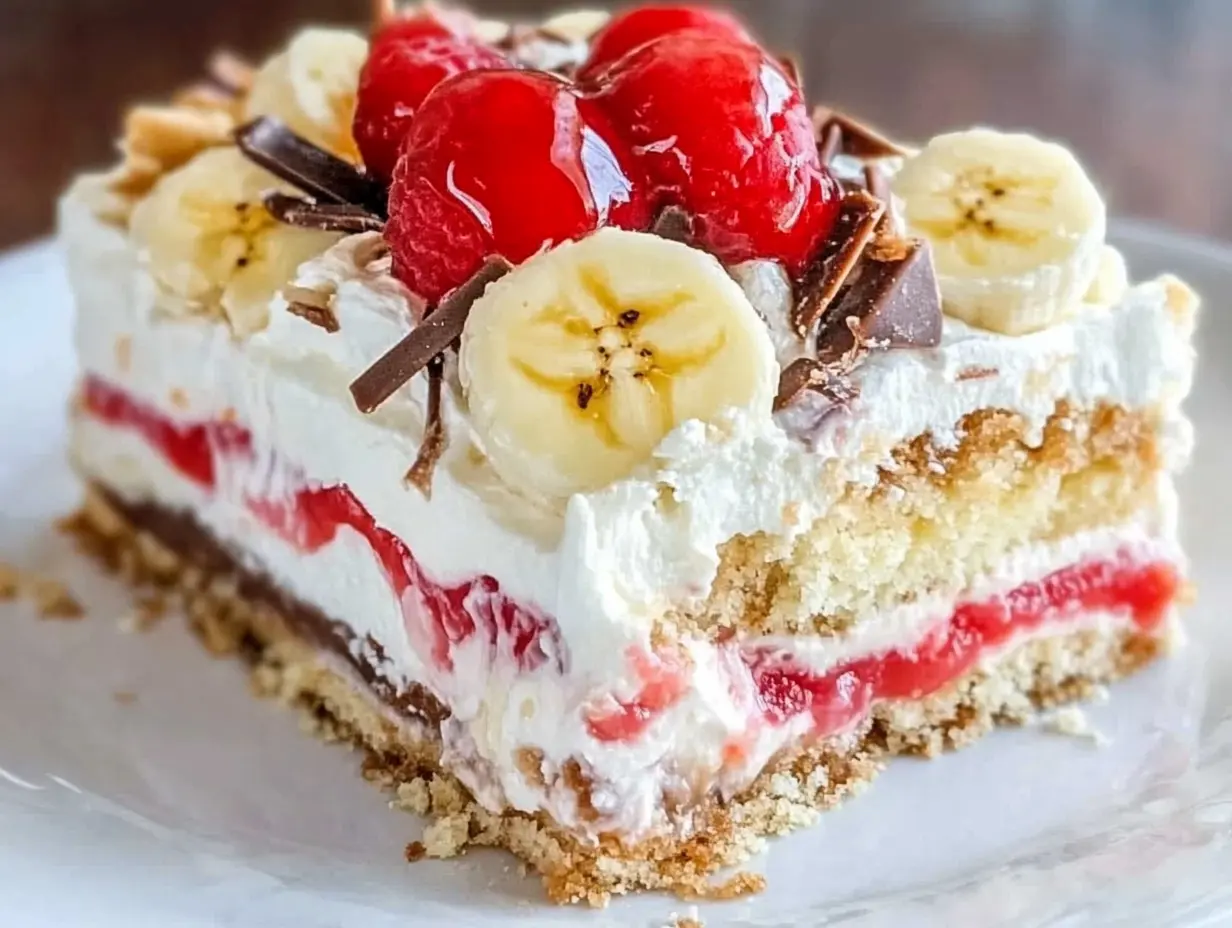 No-Bake Banana Split Dessert, Easy Banana Split Cake Recipe, Layered Banana Split Dessert, Banana Split Cream Cake