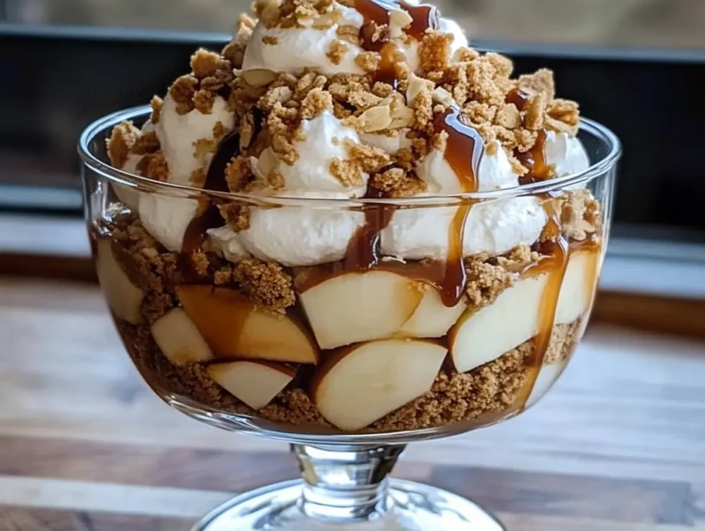 Fall dessert trifle, Caramel apple layered dessert, Cookie dough apple trifle, Easy fall dessert recipe, Trifle with caramel and apples