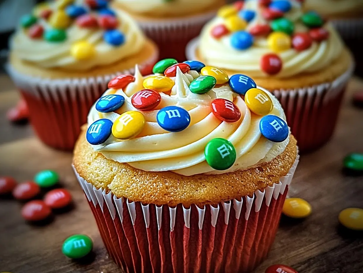 M&M cupcakes recipe, colorful cupcakes with M&M's, easy M&M cupcakes, M&M chocolate cupcakes, fun cupcakes with M&M's.