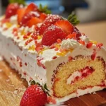 Strawberry cake roll, strawberry swiss roll, cake roll with strawberries, birthday cake roll with strawberries, fresh strawberry dessert