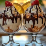 Tropical Ice Cream Sundaes, Coconut and Pineapple Sundae, Piña Colada Dessert, Chocolate Drizzled Sundae, Tropical Dessert Treat