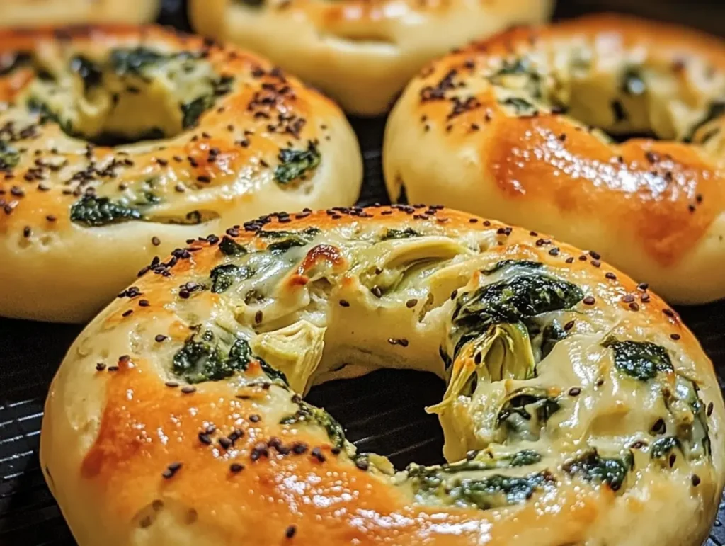 Spinach-Artichoke Bagel Recipe, Cheesy Bagels with Spinach, Homemade Spinach Artichoke Bagels, Savory Bagels with Cheese and Vegetables