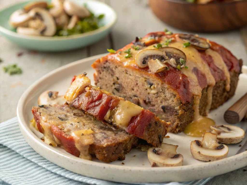 Cheesy Bacon Mushroom Meatloaf, Gourmet Bacon and Mushroom Meatloaf, Swiss Cheese Bacon Meatloaf, Bacon-Infused Mushroom Meatloaf, Hearty Bacon and Cheese Meatloaf