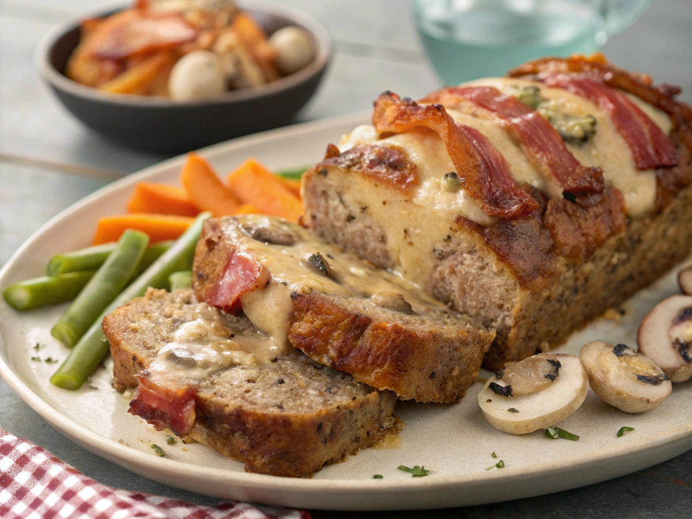 Cheesy Bacon Mushroom Meatloaf, Gourmet Bacon and Mushroom Meatloaf, Swiss Cheese Bacon Meatloaf, Bacon-Infused Mushroom Meatloaf, Hearty Bacon and Cheese Meatloaf