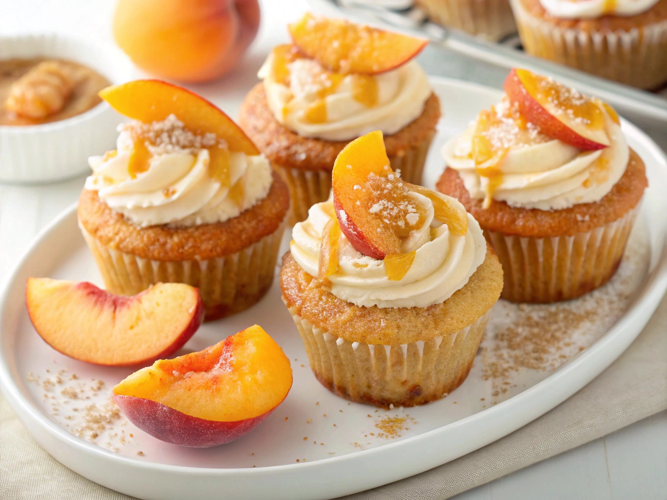 Peach honey cream cheese cupcakes, Cream cheese peach cupcakes, Honey-infused peach cupcakes, Fresh peach cream cheese cupcakes, Honey peach dessert cupcakes, Creamy peach honey cupcakes, Peach and honey cream cheese treats, Honey peach flavored cupcakes, Cream cheese topped peach cupcakes, Sweet peach honey cupcakes