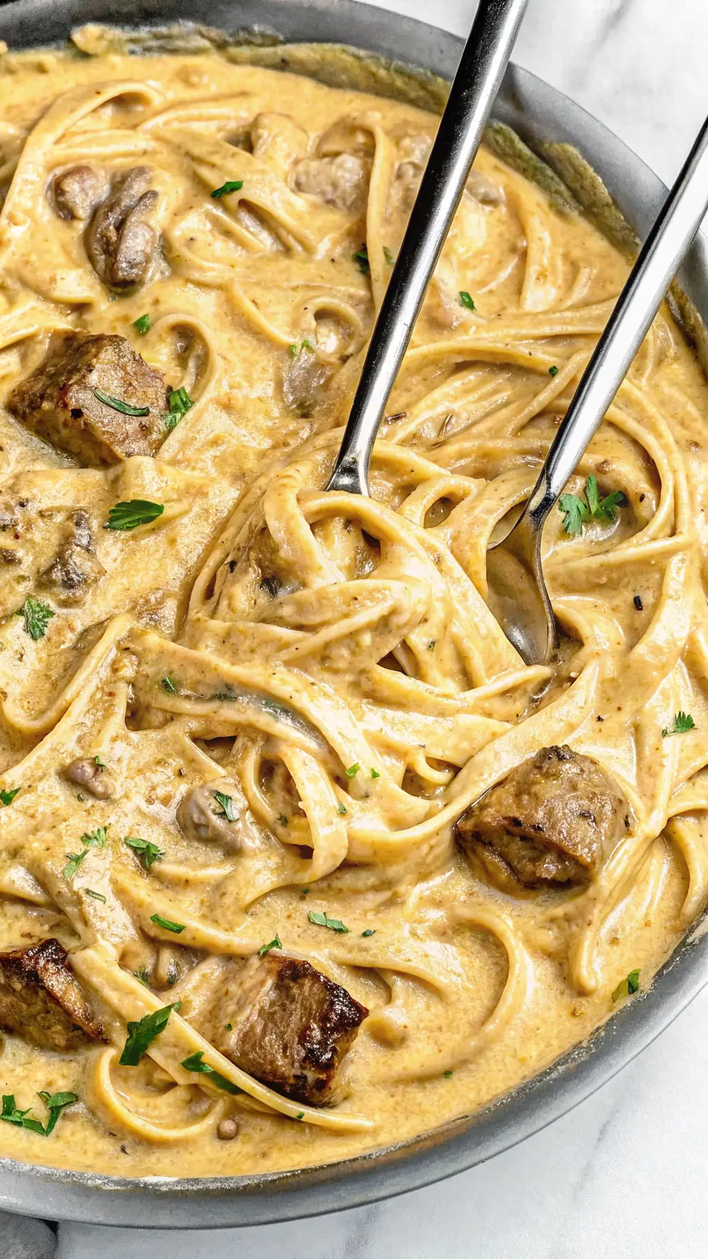 Garlic Butter Steak with Parmesan Alfredo